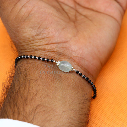 925 sterling silver modern cultural black beaded bracelet and anklet set for girls, featuring traditional design and versatile sizes.