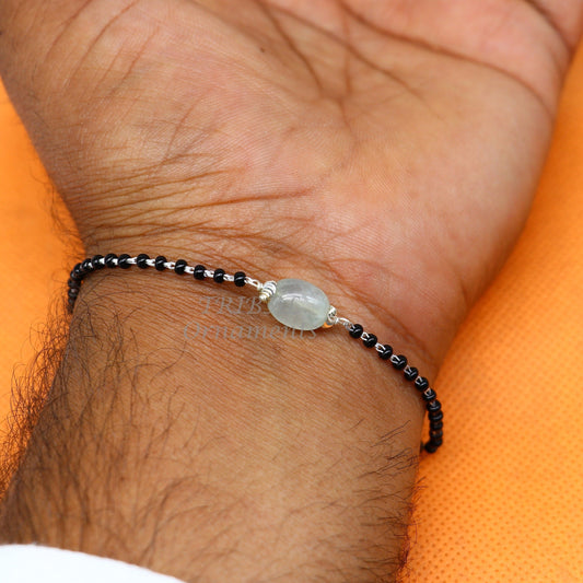 925 sterling silver modern cultural black beaded bracelet and anklet set for girls, featuring traditional design and versatile sizes.