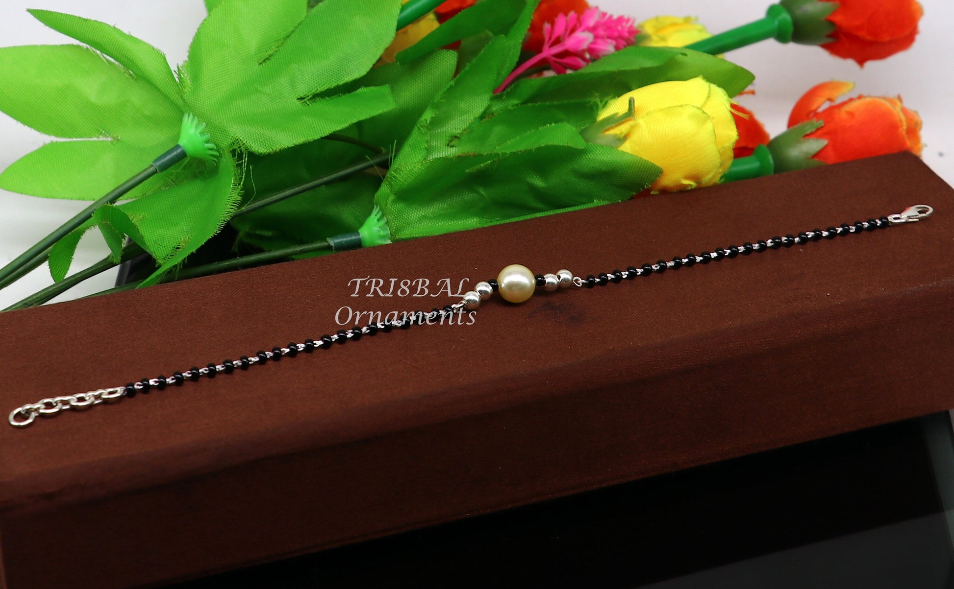 All sizes 925 sterling silver customized black beads Nazariya bracelet use as an anklets Best girl's bracelet stylish jewelry india sbr457 - TRIBAL ORNAMENTS