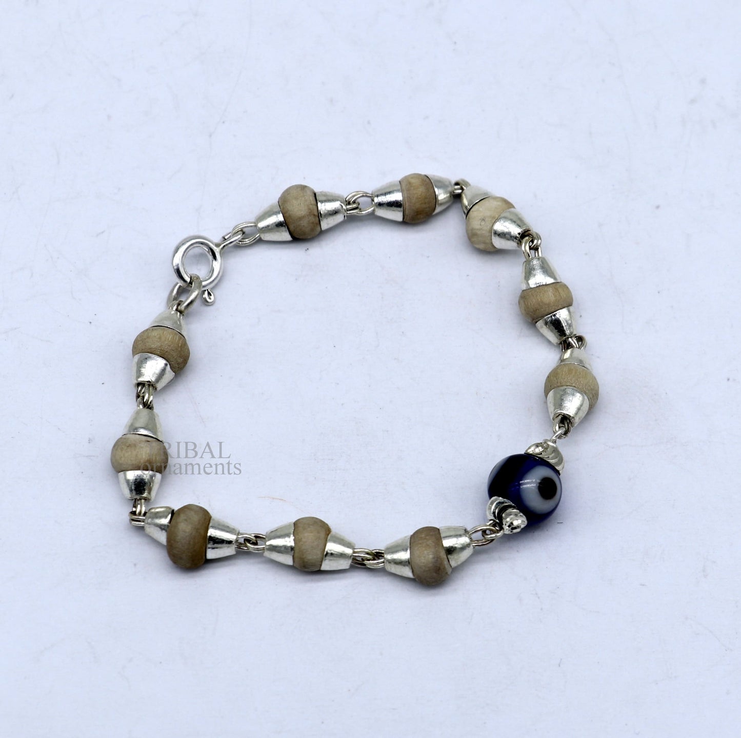 925 sterling silver handmade baby Tulsi bracelet with evil eye beads, stylish unisex jewelry by TRIBAL ORNAMENTS