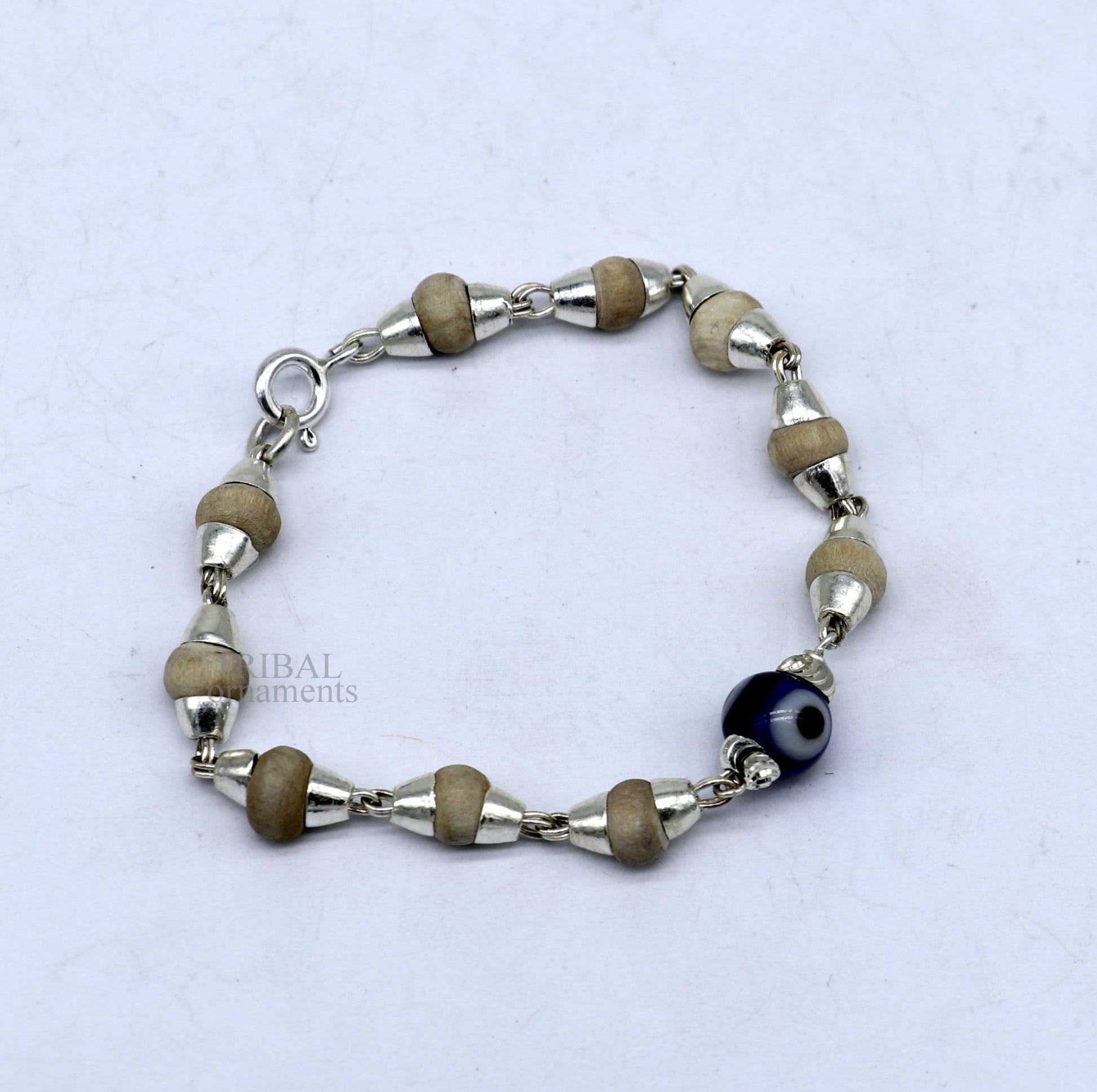 925 sterling silver handmade baby Tulsi bracelet with evil eye beads, stylish unisex jewelry by TRIBAL ORNAMENTS