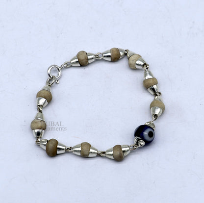 925 sterling silver handmade baby Tulsi bracelet with evil eye beads, stylish unisex jewelry by TRIBAL ORNAMENTS