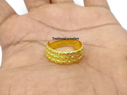 Vintage antique 22k yellow gold handmade ring band from Tribal Ornaments, Indian tribal unisex jewelry with intricate design.
