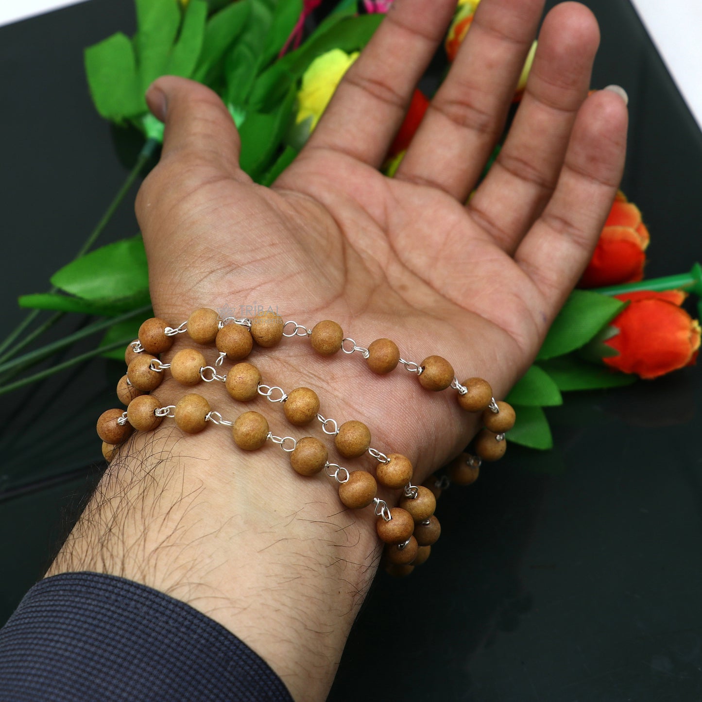 54/108 beads Jaap/japa mala Sandal "Chandan mala" sandal wood handmade round beads 925 solid silver chain necklace meditation necklace ch558 - TRIBAL ORNAMENTS