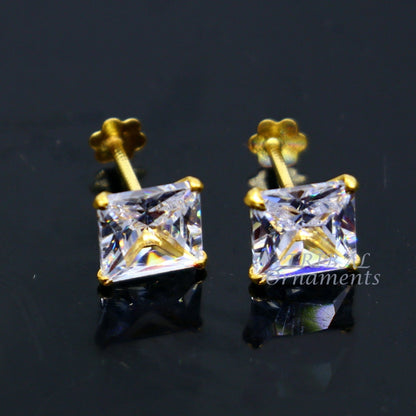 6mm OR 5 mm 18kt yellow gold handmade single cubic zircon stone square shape stud earring cartilage customized unisex jewelry er143 - TRIBAL ORNAMENTS