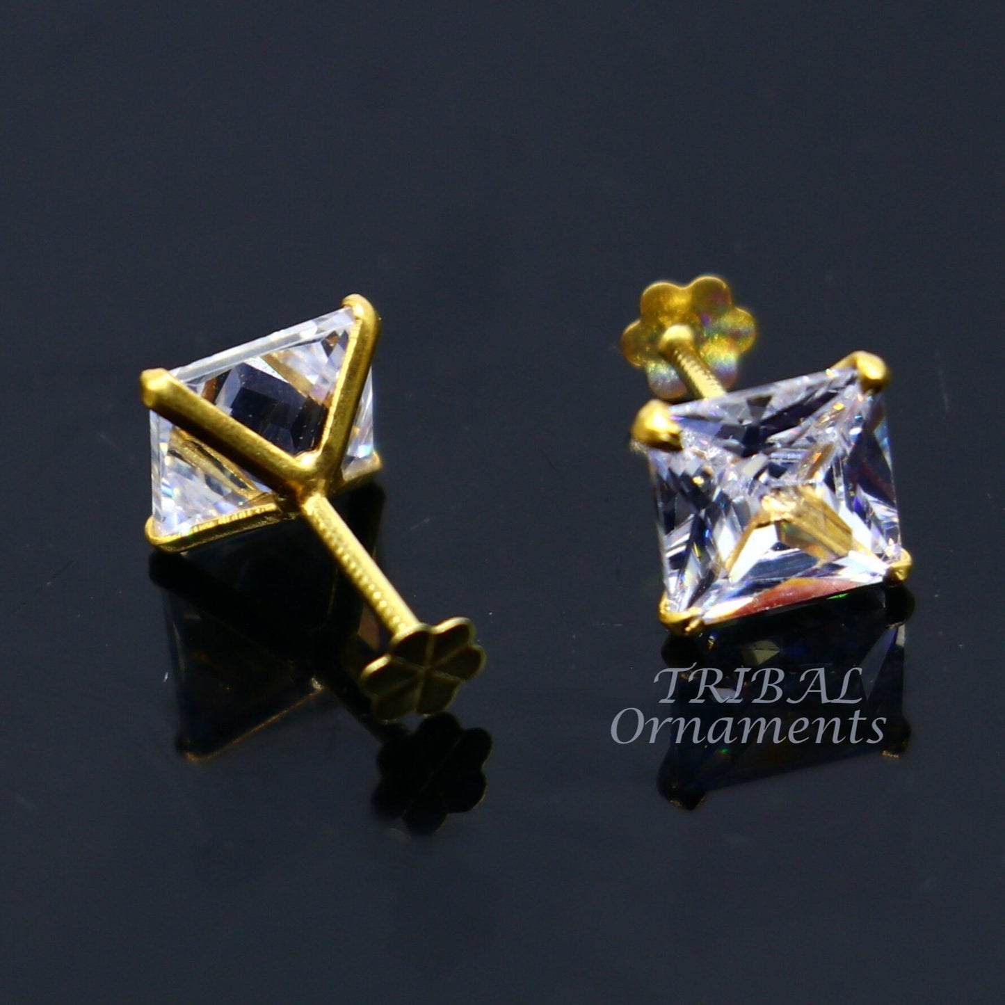 6mm OR 5 mm 18kt yellow gold handmade single cubic zircon stone square shape stud earring cartilage customized unisex jewelry er143 - TRIBAL ORNAMENTS