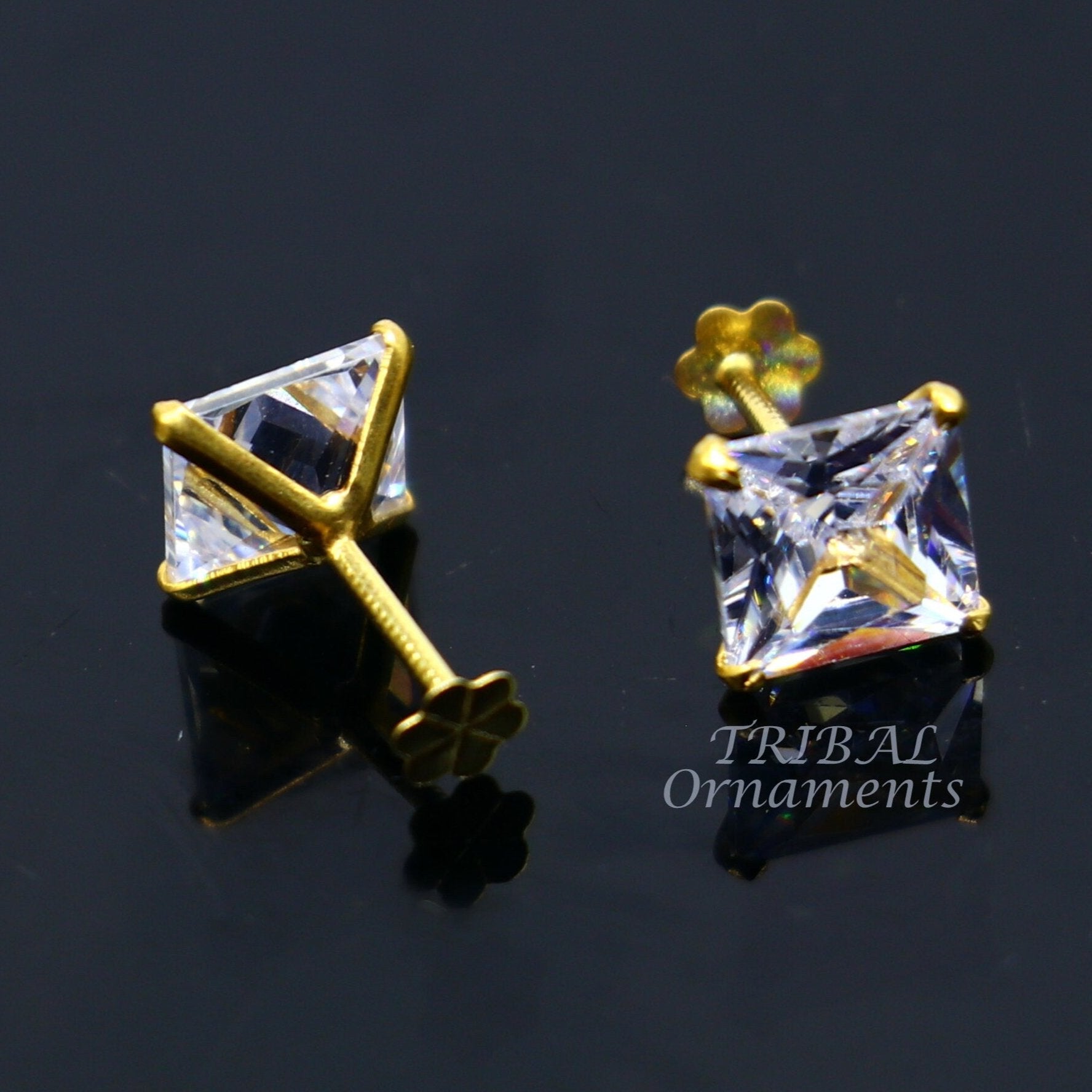6mm OR 5 mm 18kt yellow gold handmade single cubic zircon stone square shape stud earring cartilage customized unisex jewelry er143 - TRIBAL ORNAMENTS