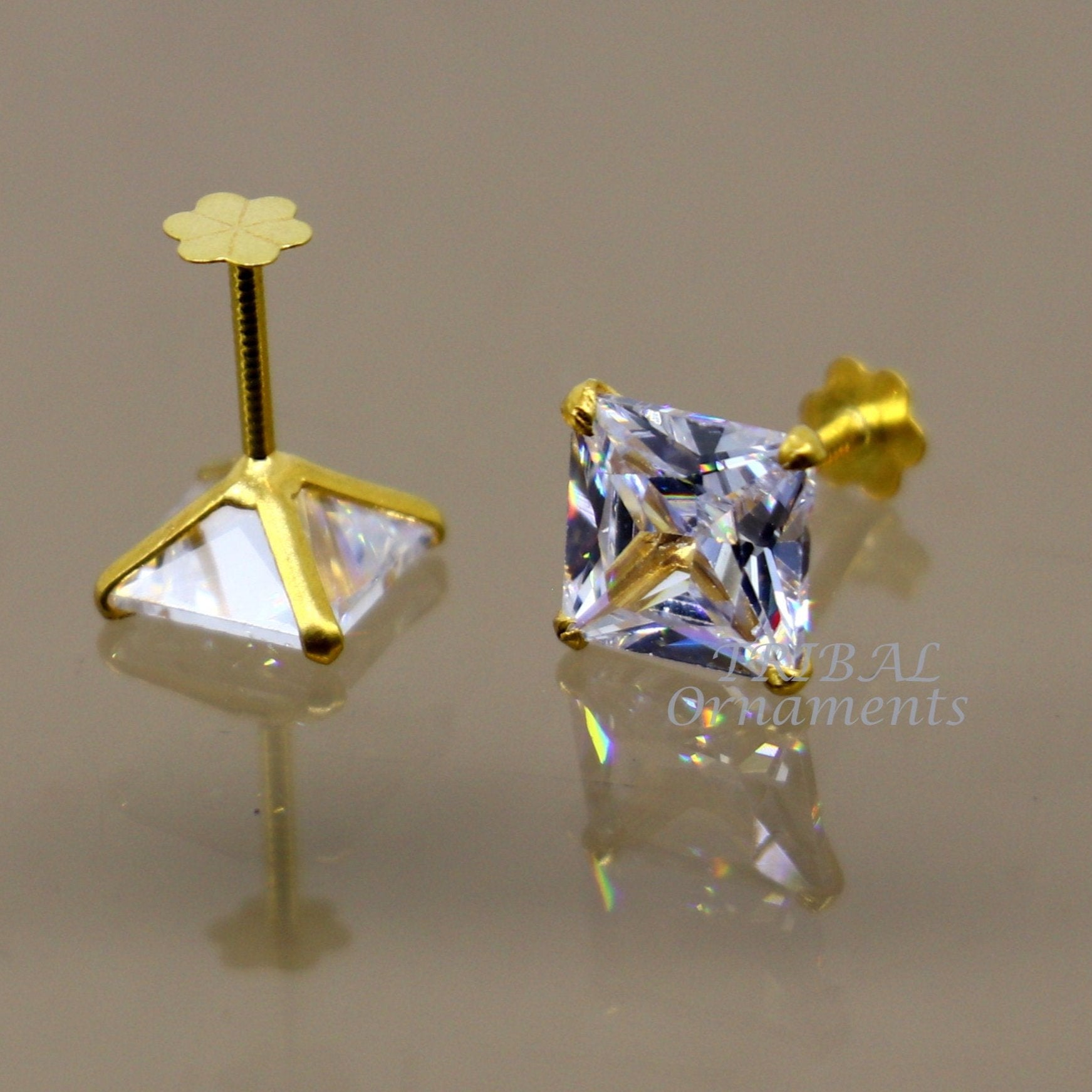 6mm OR 5 mm 18kt yellow gold handmade single cubic zircon stone square shape stud earring cartilage customized unisex jewelry er143 - TRIBAL ORNAMENTS