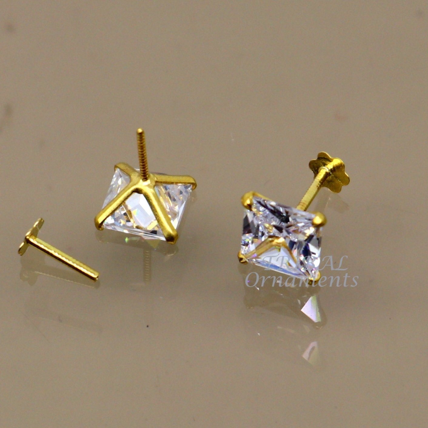 6mm OR 5 mm 18kt yellow gold handmade single cubic zircon stone square shape stud earring cartilage customized unisex jewelry er143 - TRIBAL ORNAMENTS