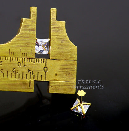 6mm OR 5 mm 18kt yellow gold handmade single cubic zircon stone square shape stud earring cartilage customized unisex jewelry er143 - TRIBAL ORNAMENTS