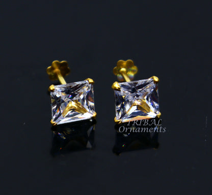 6mm OR 5 mm 18kt yellow gold handmade single cubic zircon stone square shape stud earring cartilage customized unisex jewelry er143 - TRIBAL ORNAMENTS