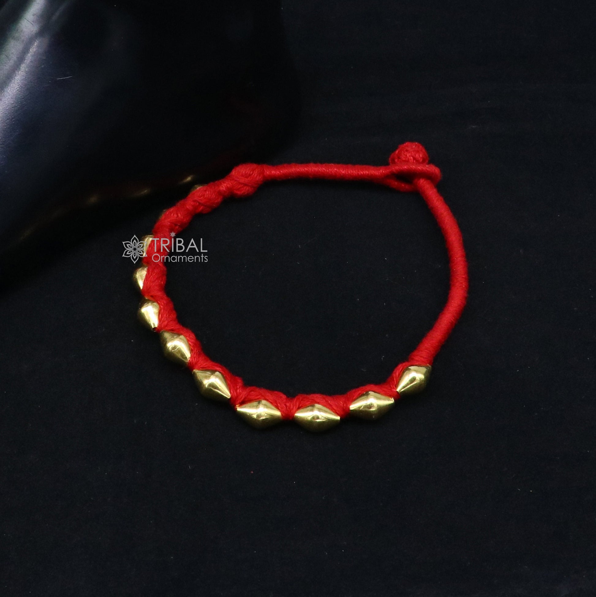 22KT yellow gold handmade dholki beads oval bracelet or anklet with custom thread, ethnic tribal jewelry by TRIBAL ORNAMENTS