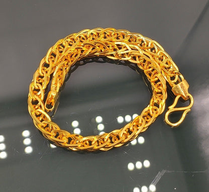 22KT yellow gold handmade wheat chain bracelet by TRIBAL ORNAMENTS, unisex flexible design, hallmarked 916, stylish gift jewelry.