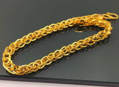 22KT yellow gold handmade wheat chain bracelet by TRIBAL ORNAMENTS, flexible unisex jewelry with 916 hallmarked design.