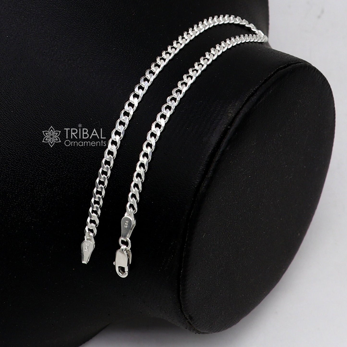 3mm 925 sterling silver flat chain bracelet, flexible unisex jewelry from TRIBAL ORNAMENTS, showcasing a sleek, minimalist design
