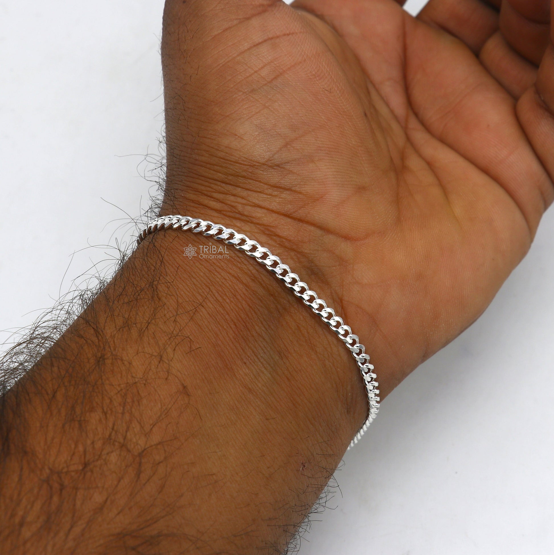 3mm 925 sterling silver flat chain bracelet by Tribal Ornaments, flexible unisex jewelry with a sleek, plain design.