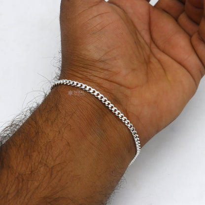 3mm 925 sterling silver flat chain bracelet by Tribal Ornaments, flexible unisex jewelry with a sleek, plain design.