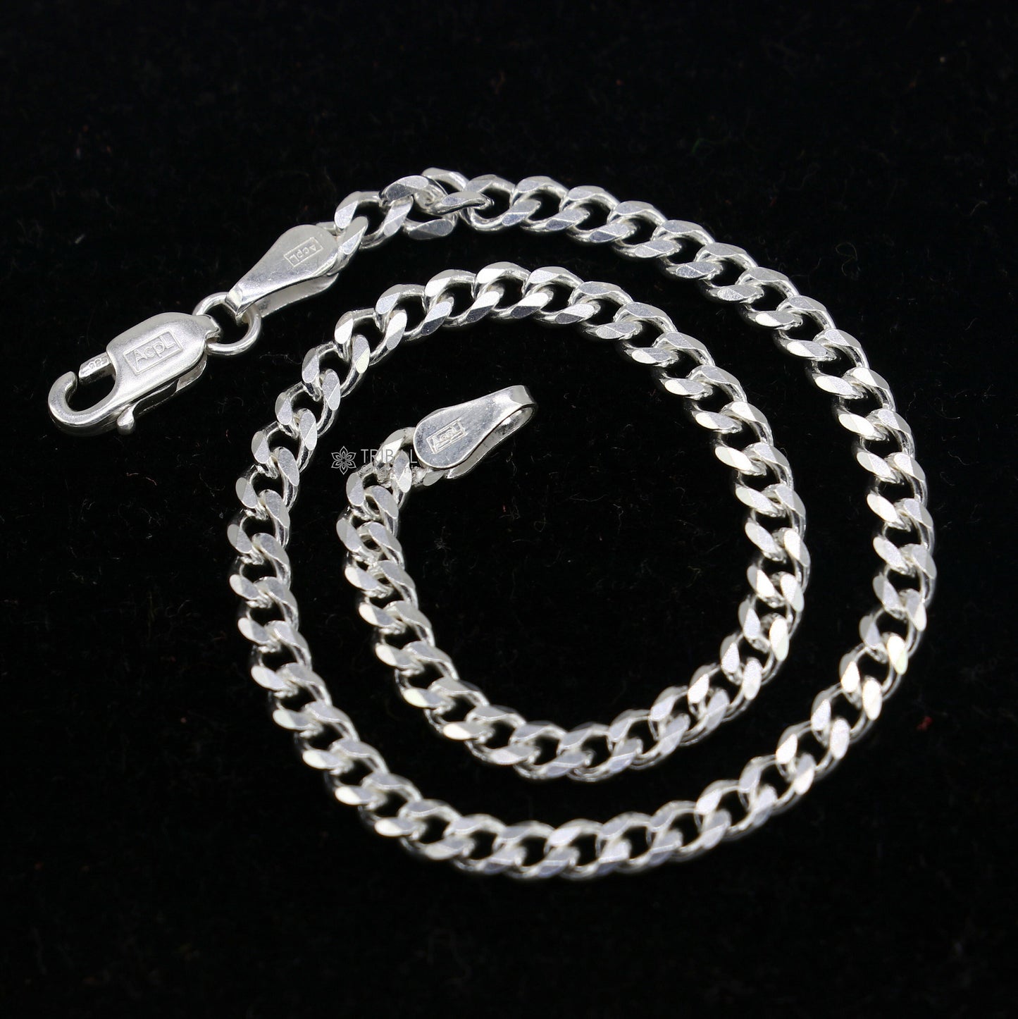 Sterling silver 3mm flat chain bracelet, unisex jewelry by Tribal Ornaments, showcasing a flexible, sleek design.