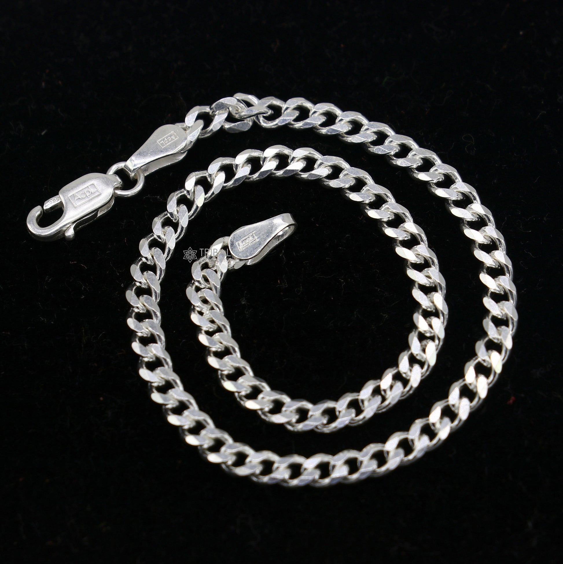 Sterling silver 3mm flat chain bracelet, unisex jewelry by Tribal Ornaments, showcasing a flexible, sleek design.