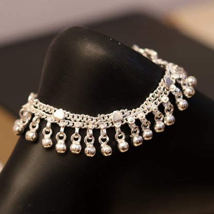 Sterling silver vintage baby ankle bracelet with jingle bells, handmade tribal jewelry for infants, 6.5 feet long.