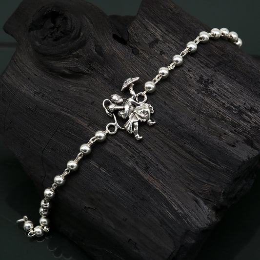 925 Sterling silver Hanuman beaded bracelet rakhi with customized design, featuring intricate tribal ornament details.