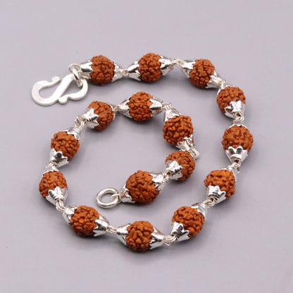Unisex 925 sterling silver bracelet with natural rudraksha beads, vintage tribal design, 6.5-inch wrist jewelry from India