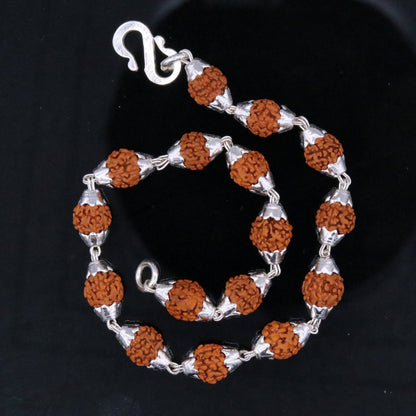 Sterling silver Rudraksha beads bracelet by TRIBAL ORNAMENTS, unisex wrist jewelry with natural beads, vintage Indian design.