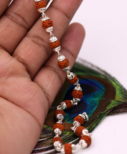 Handmade solid silver Rudraksha beads bracelet, unisex jewelry from Rajasthan, featuring 6mm natural Rudraksha beads by Tribal Ornaments.
