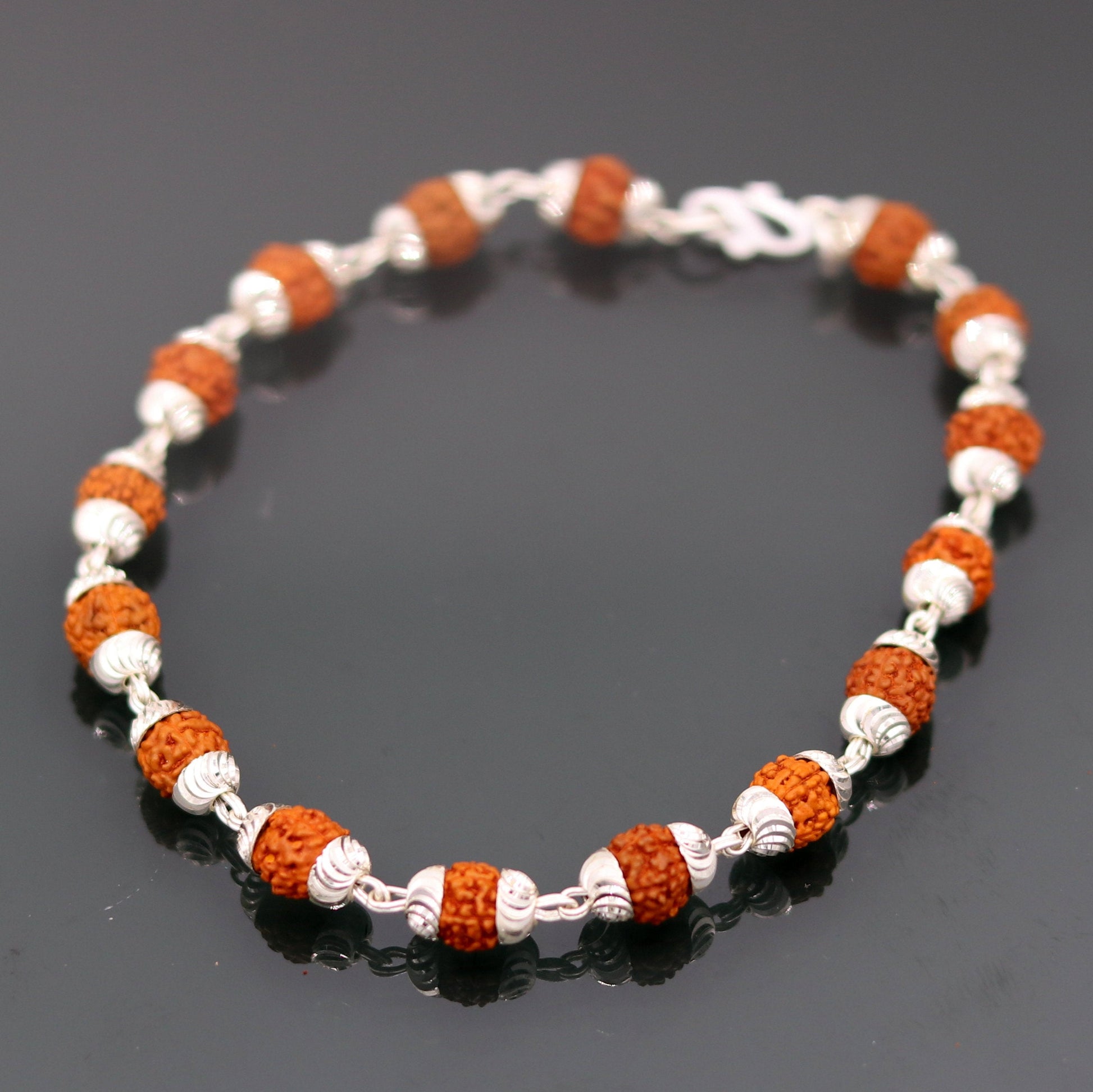 Solid silver handmade 6 mm Natural Rudraksha beads bracelet jewelry from Rajasthan India  sbr51 - TRIBAL ORNAMENTS