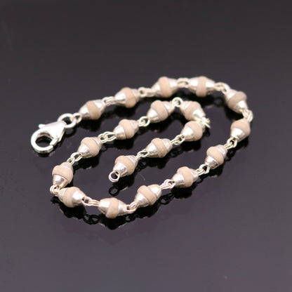 Sterling silver handmade basil rosary beads bracelet with tulsi plant wood beads, unisex jewelry from India by TRIBAL ORNAMENTS