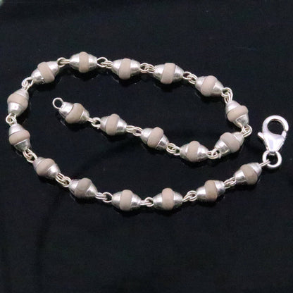 Sterling silver handmade basil rosary beads bracelet with tulsi plant wood beads, unisex jewelry from India by Tribal Ornaments.