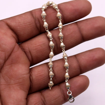 Sterling silver handmade basil rosary beads bracelet with tulsi plant wood beads, unisex jewelry from India by Tribal Ornaments.
