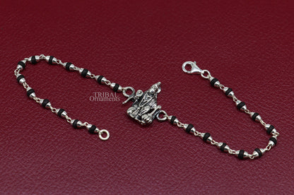 925 Sterling silver Hanuman design bracelet with black tulsi beads, custom personalized Rakhi by TRIBAL ORNAMENTS.