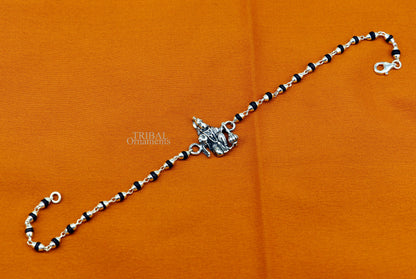 Sterling silver Hanuman design beaded bracelet with black tulsi beads, customized tribal ornaments jewelry.