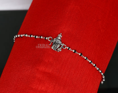 925 Sterling silver Hanuman beaded bracelet with black tulsi beads, customized design, tribal ornaments jewelry, Rakhi gift.