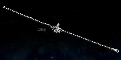Sterling silver Hanuman design beaded bracelet with black tulsi beads, personalized custom Rakhi by TRIBAL ORNAMENTS.