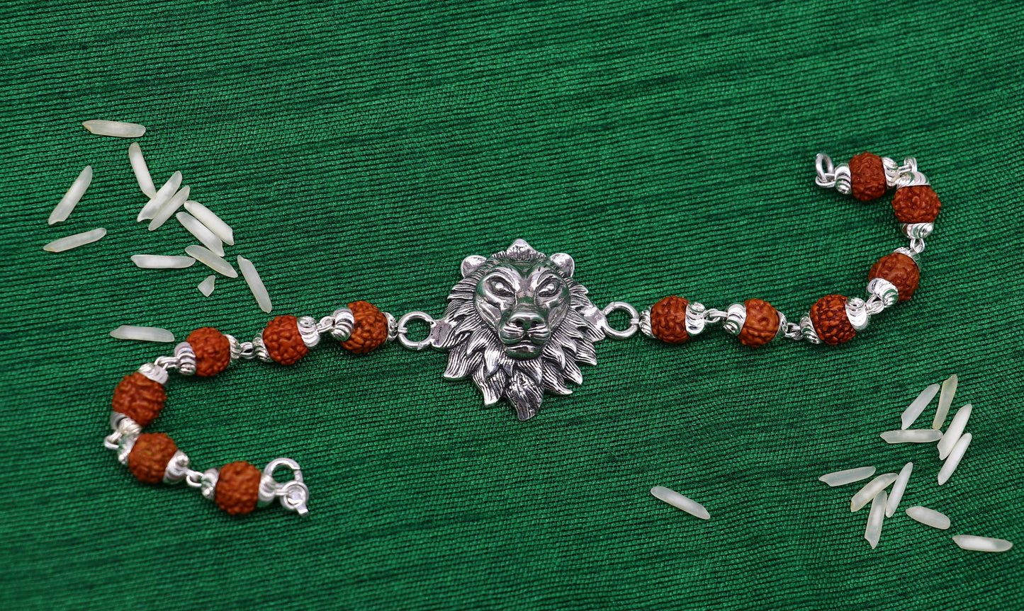 925 Sterling silver customized rudraksha beaded lion Rakhi or bracelet, special best wishes gift for your brother rk005 - TRIBAL ORNAMENTS