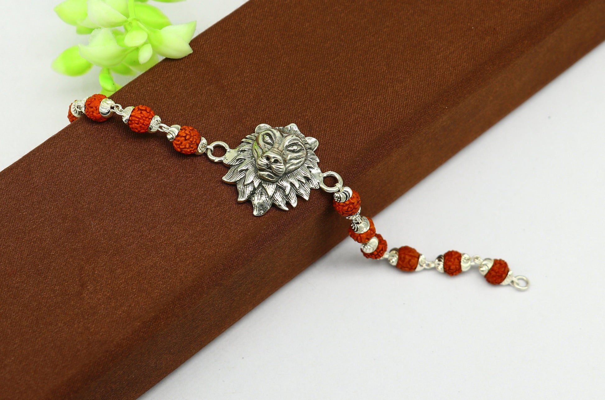 925 Sterling silver customized rudraksha beaded lion Rakhi or bracelet, special best wishes gift for your brother rk005 - TRIBAL ORNAMENTS