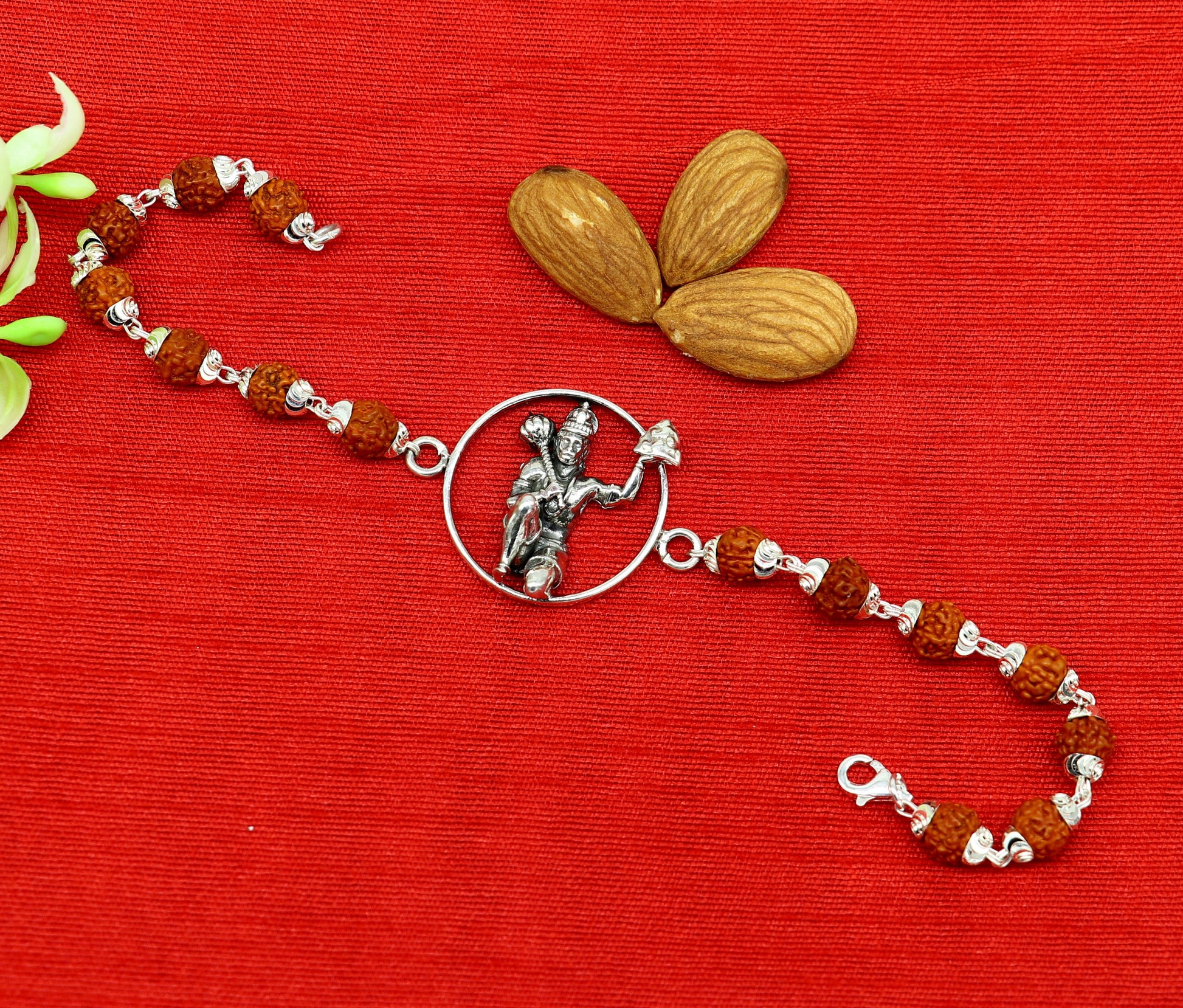 925 Sterling silver customized rudraksha beaded Lord Hanuman Rakhi bracelet. best gift for your brother's of special Rakshabandhan rk006 - TRIBAL ORNAMENTS
