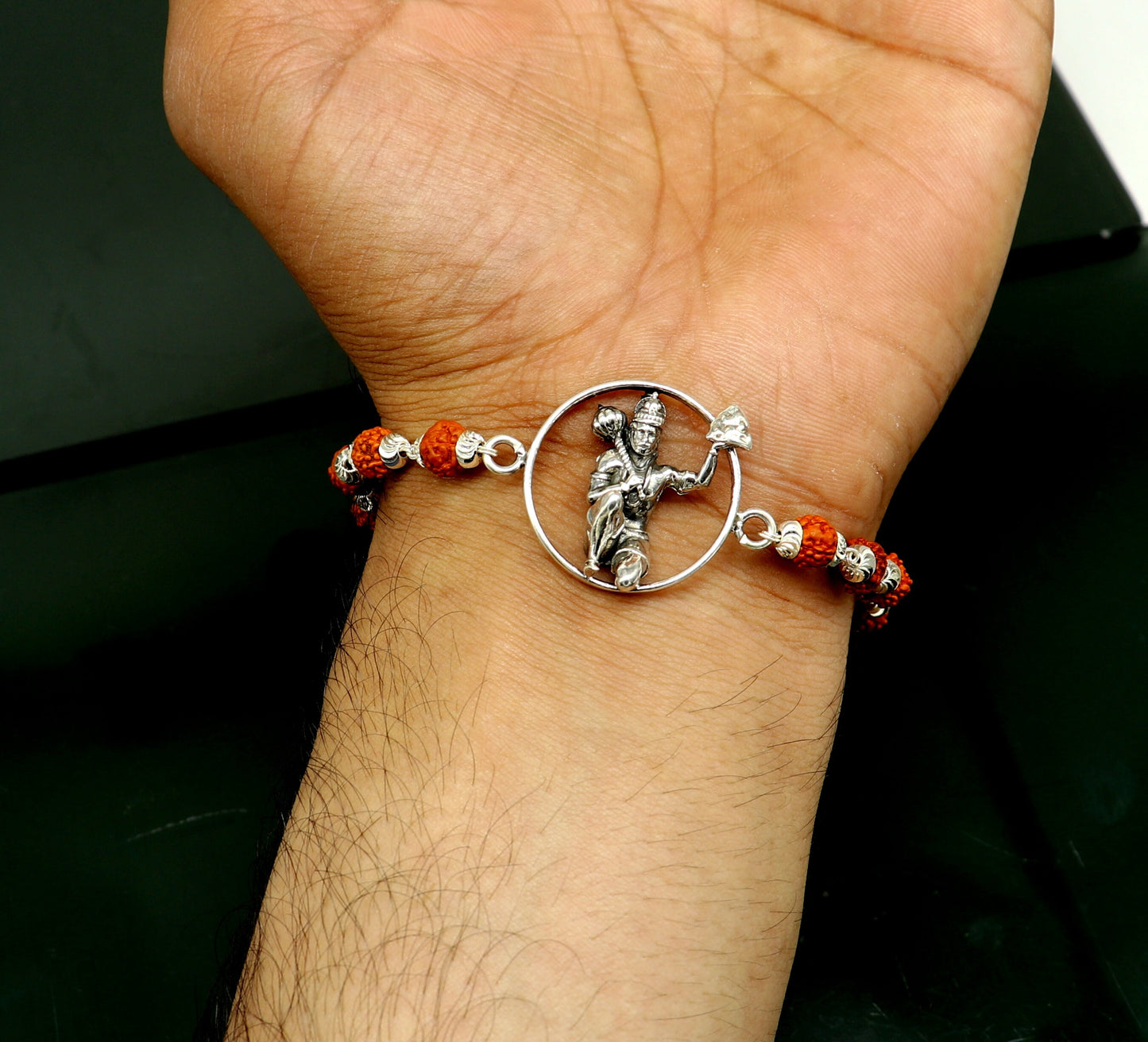 925 Sterling silver customized rudraksha beaded Lord Hanuman Rakhi bracelet. best gift for your brother's of special Rakshabandhan rk006 - TRIBAL ORNAMENTS