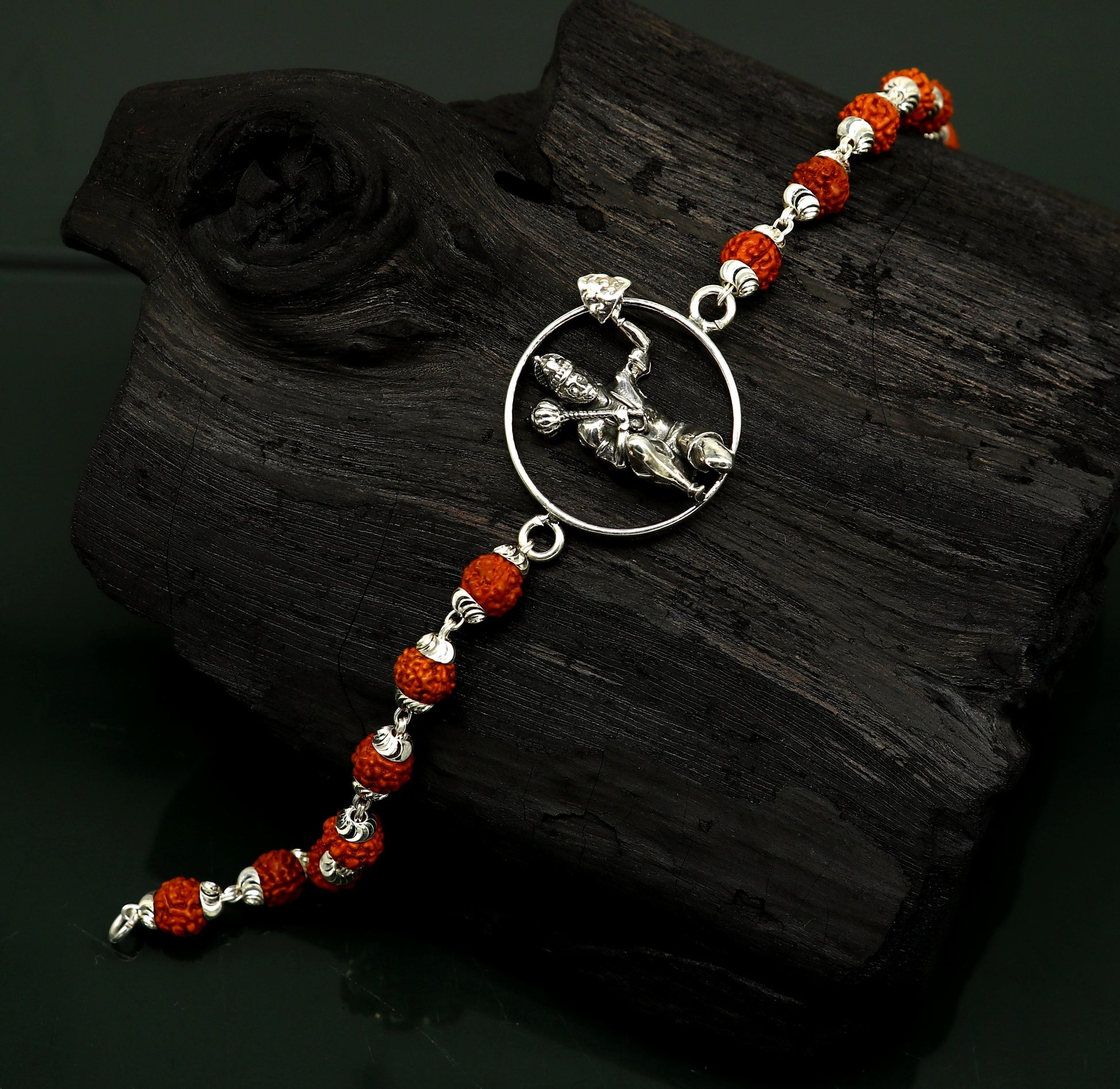 925 Sterling silver customized rudraksha beaded Lord Hanuman Rakhi bracelet. best gift for your brother's of special Rakshabandhan rk006 - TRIBAL ORNAMENTS