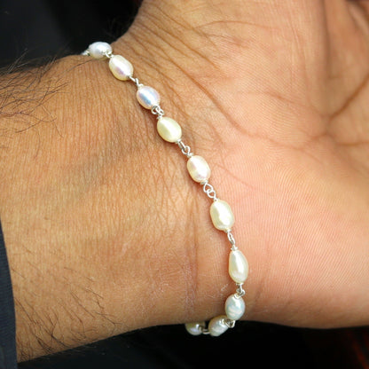 Sterling silver beaded bracelet with natural pearl, unisex handmade jewelry by Tribal Ornaments, perfect for gifting.
