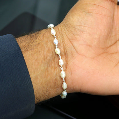 925 sterling silver beaded bracelet with natural pearls, unisex jewelry by TRIBAL ORNAMENTS, handcrafted and customized for gifting.