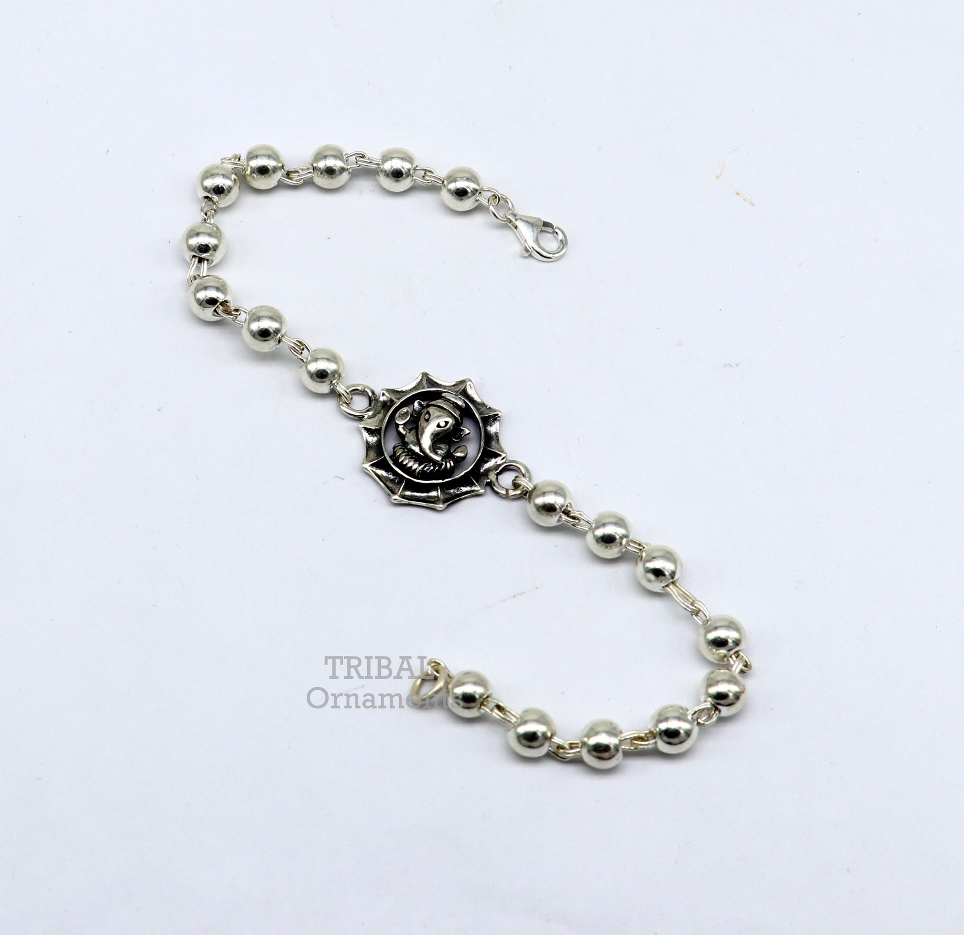 925 sterling silver Lord Ganesha beaded bracelet with intricate handmade design, crafted by TRIBAL ORNAMENTS.