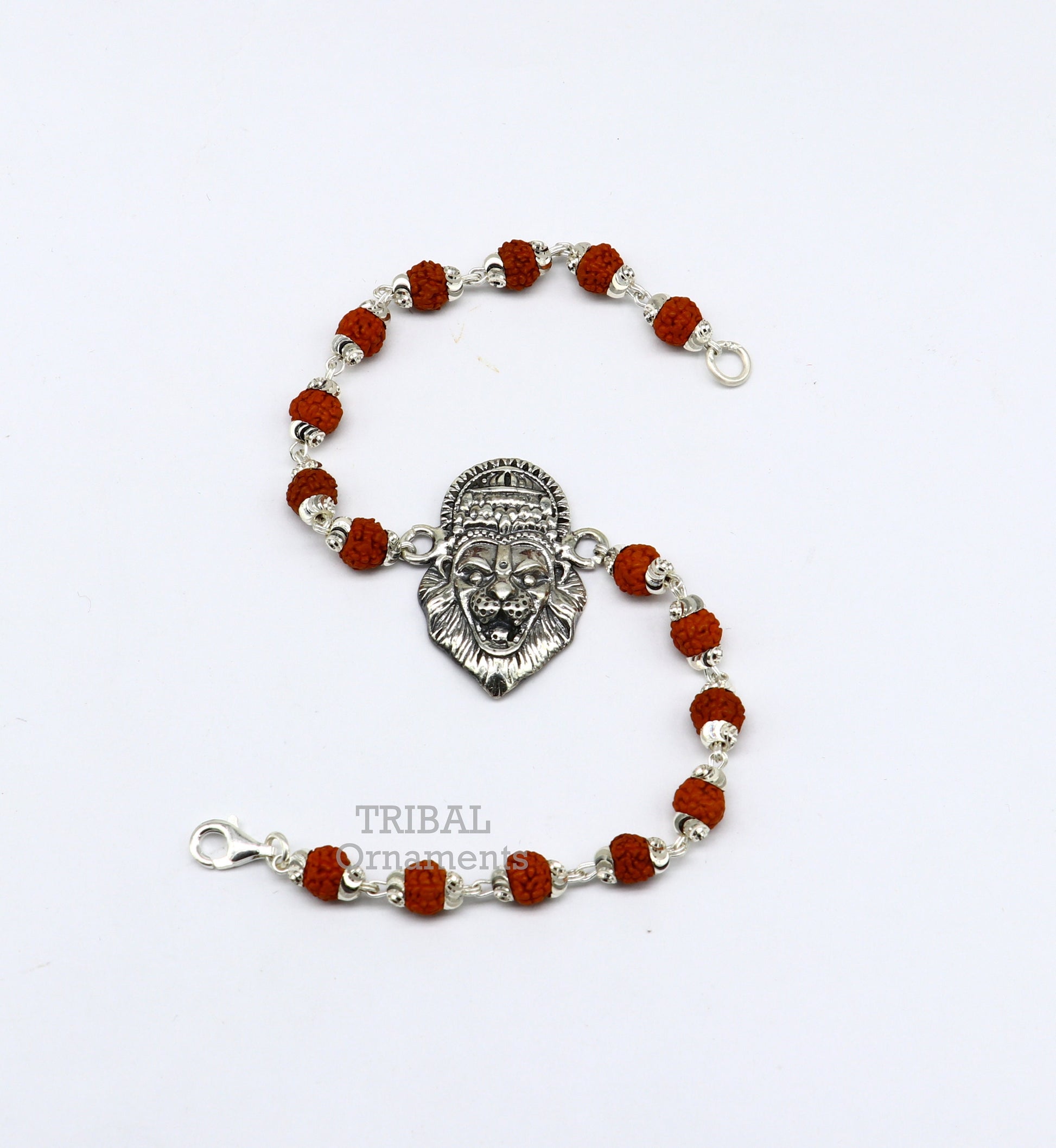 925 sterling silver Lord Narsimha Rudraksha beaded bracelet with intricate Narsimha design, handmade by TRIBAL ORNAMENTS.