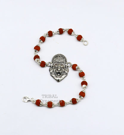 925 sterling silver Lord Narsimha Rudraksha beaded bracelet with intricate Narsimha design, handmade by TRIBAL ORNAMENTS.