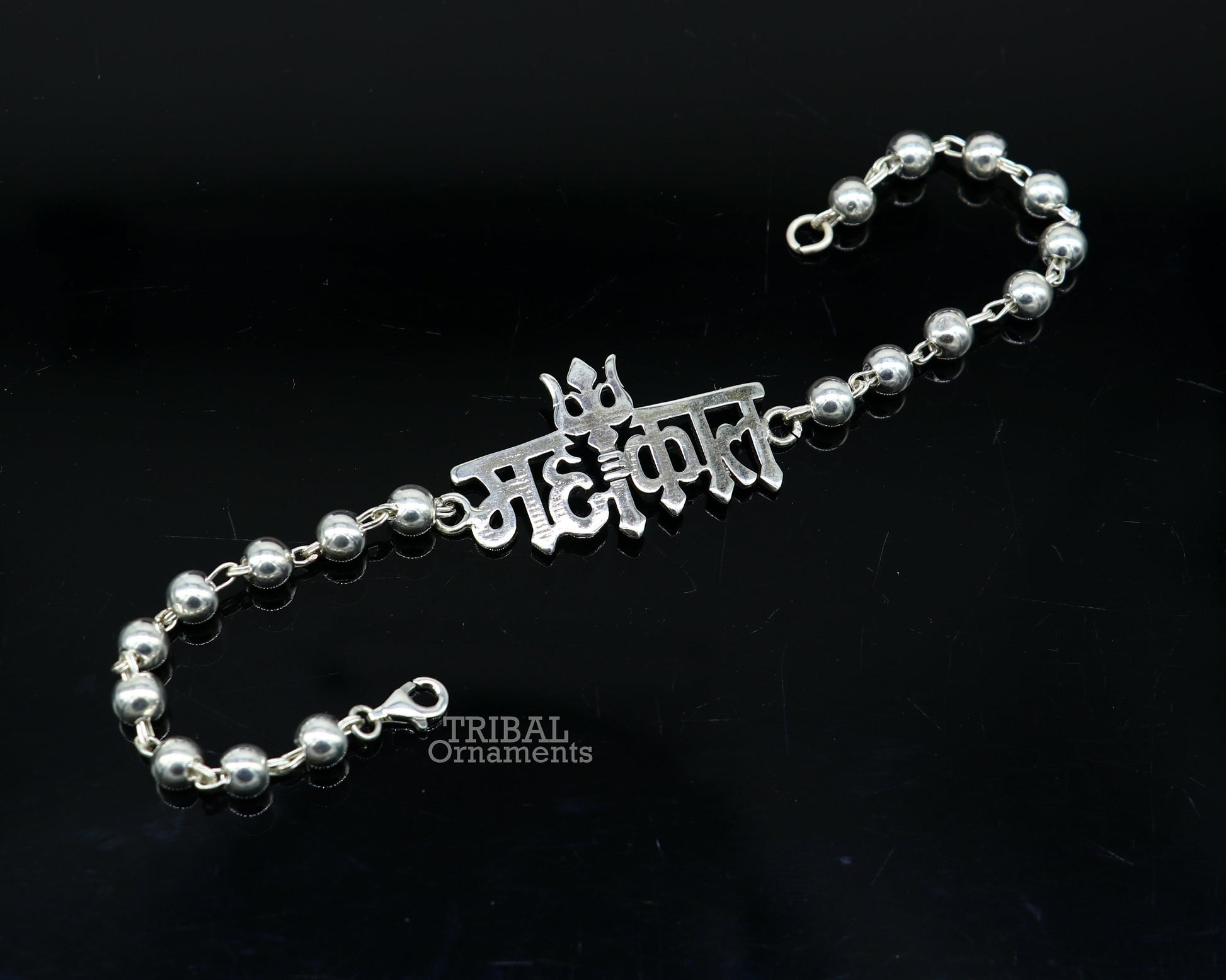 925 sterling silver Lord Shiva Mahakal design beads bracelet, intricate silver Rakhi with traditional Mahakal motif.