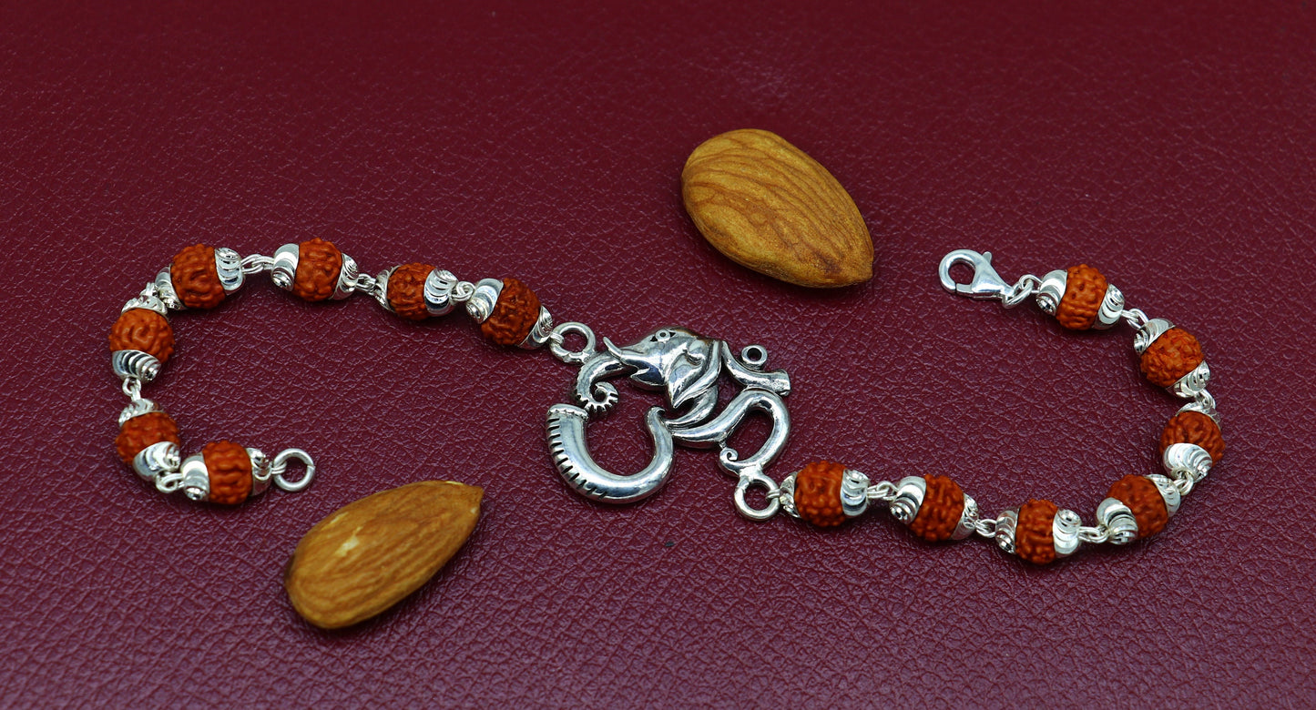 All sizes 925 Sterling silver customized rudraksha beaded 'AUM' Rakhi bracelet best gift for your brother's  for special Rakshabandhan rk004 - TRIBAL ORNAMENTS