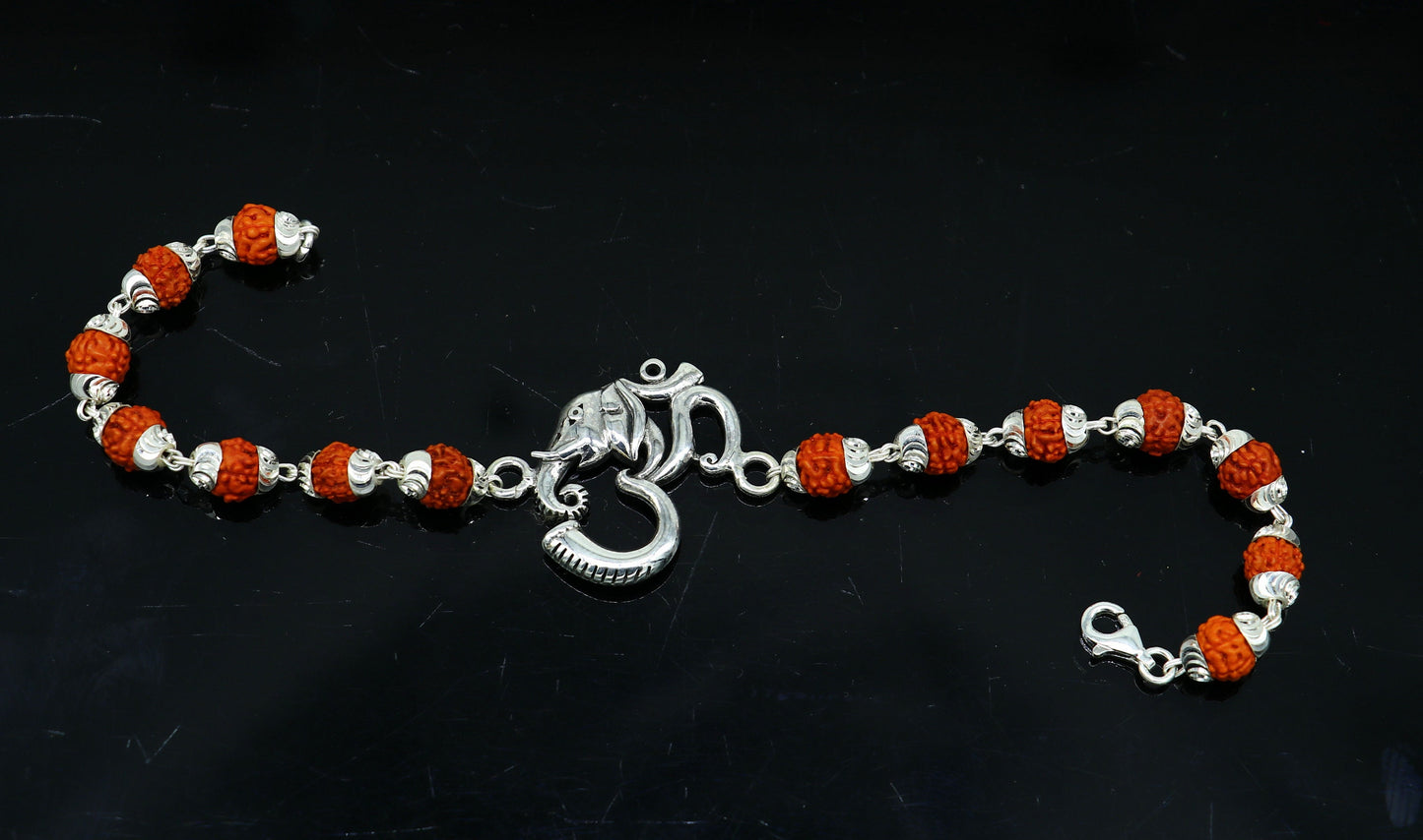 All sizes 925 Sterling silver customized rudraksha beaded 'AUM' Rakhi bracelet best gift for your brother's  for special Rakshabandhan rk004 - TRIBAL ORNAMENTS