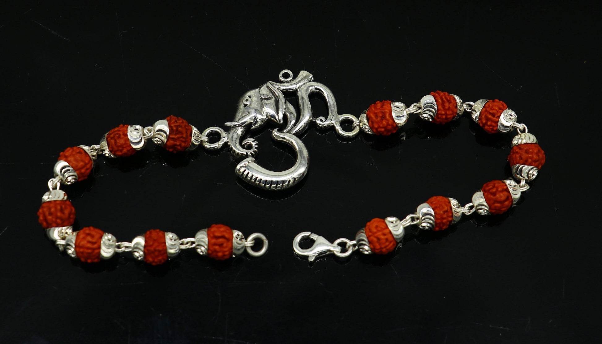 All sizes 925 Sterling silver customized rudraksha beaded 'AUM' Rakhi bracelet best gift for your brother's  for special Rakshabandhan rk004 - TRIBAL ORNAMENTS